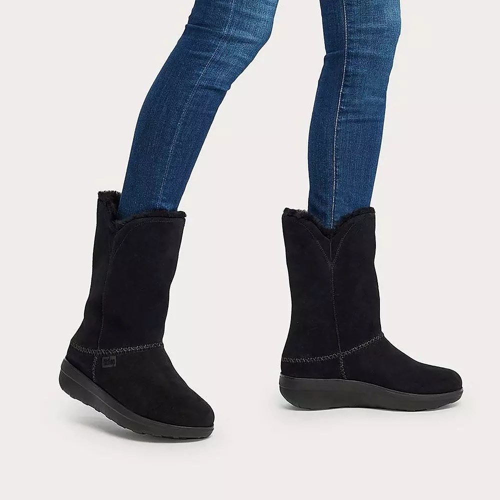 Botas Cuero Fitflop MUKLUK Shearling-Forro Gamuza Mujer Negros | MX.Q-93056