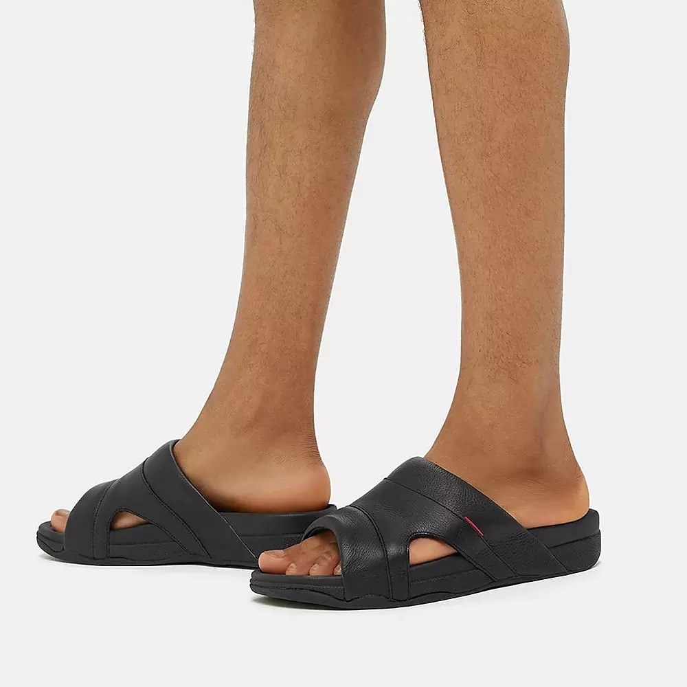 Chanclas Fitflop FREEWAY Cuero Pool Hombre Negros | MX.Q-63720