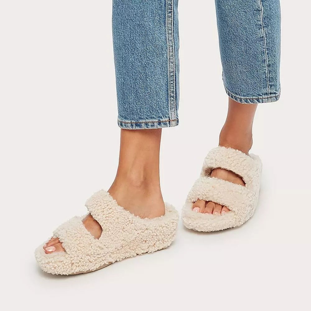 Chanclas Fitflop SHUV Two-Bar Shearling Mujer Creme | MX.Z-58264