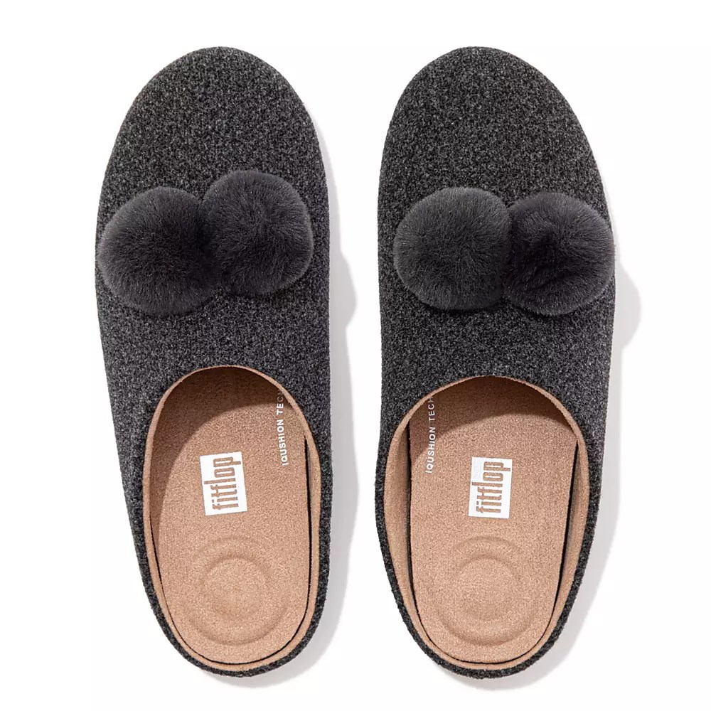 Pantuflas Fitflop CHRISSIE Pom-Pom Felt Mujer Grises Oscuro | MX.L-36017