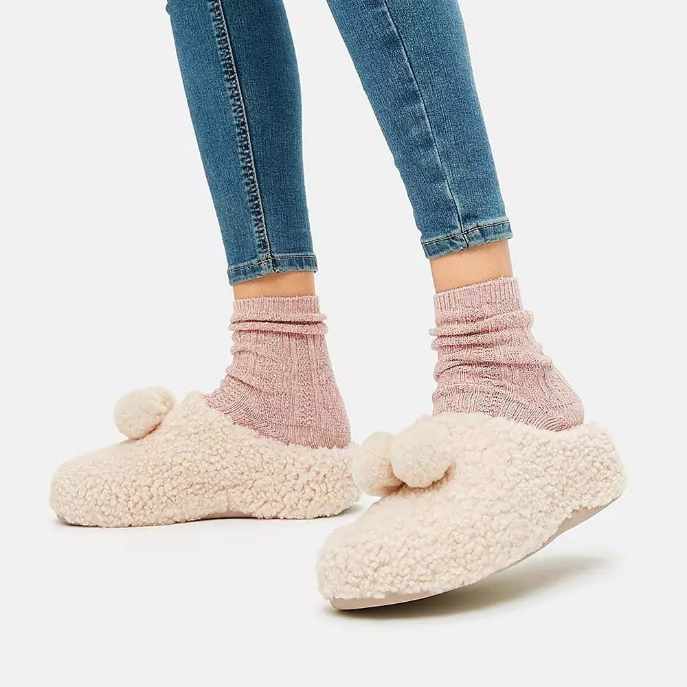 Pantuflas Fitflop SHUV Pom-Pom Shearling Clog Mujer Creme | MX.O-32801