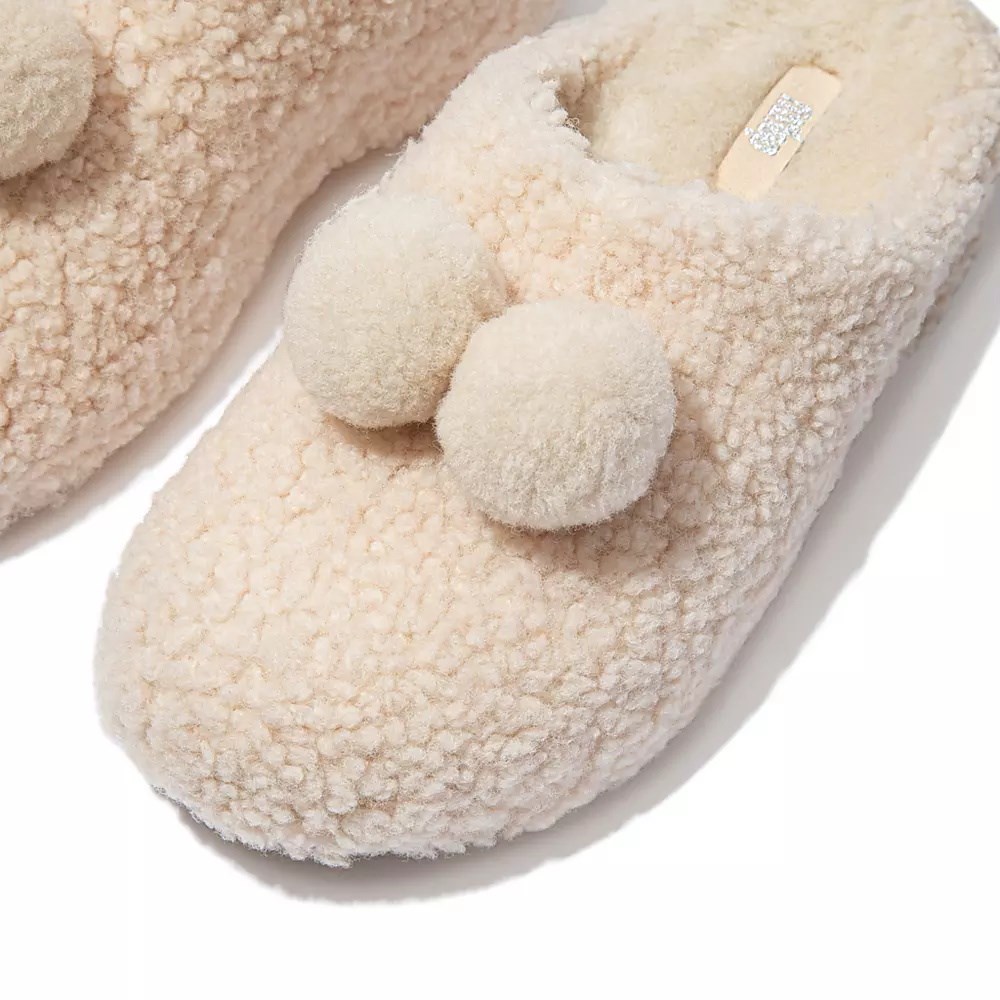 Pantuflas Fitflop SHUV Pom-Pom Shearling Clog Mujer Creme | MX.O-32801